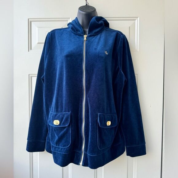 Lauren RL Hooded Jacket Women XL Royal Blue Velour Zip Pockets Gold Accents - Picture 1 of 13
